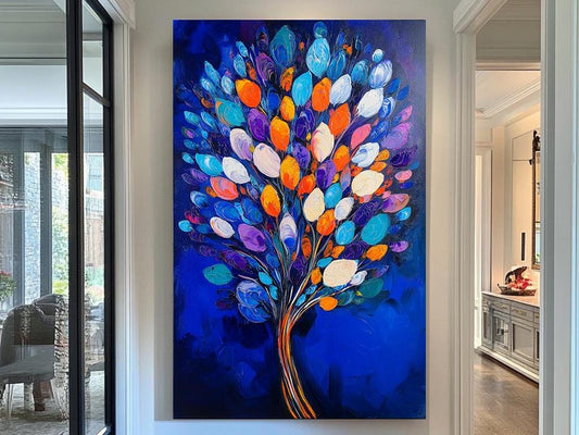 Vibrant Abstract Tree Canvas Art, Bold Colorful Leaves Painting, Modern Textured Nature Artwork, Unique Wall Decor for Home