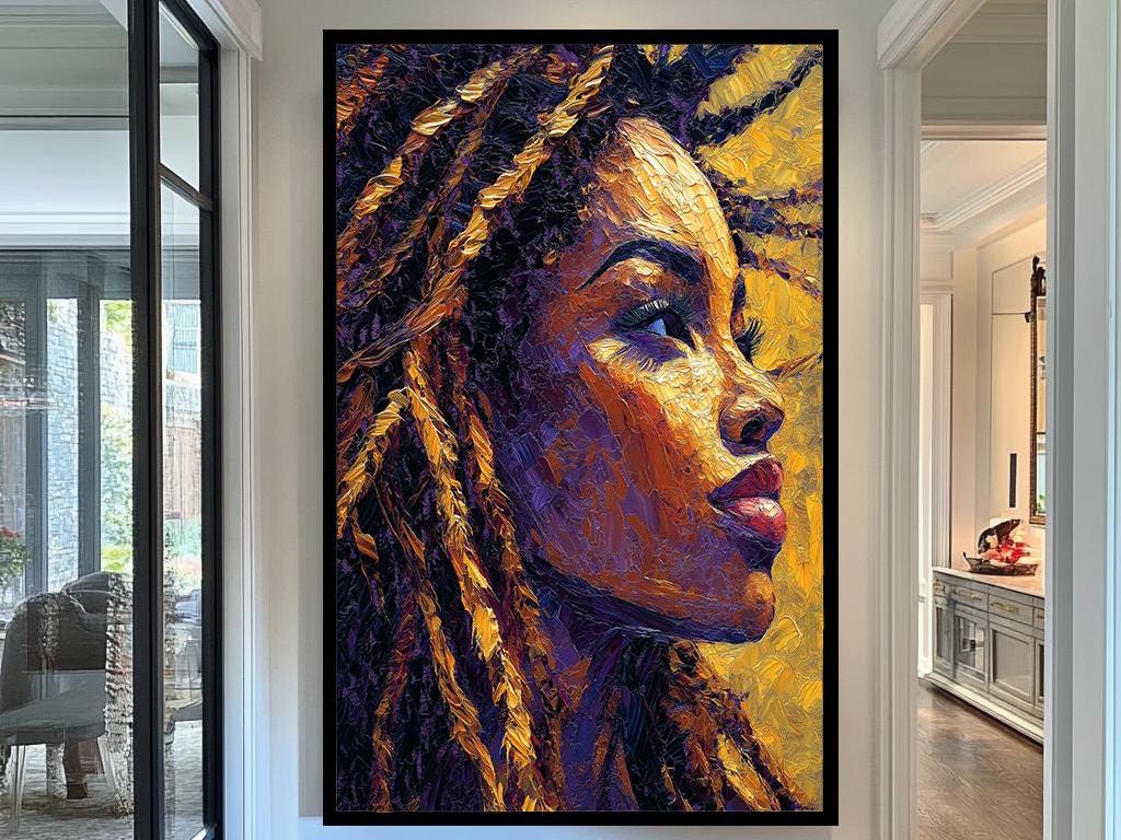 Golden Glow Wall Art, Abstract Woman Portrait Canvas, Textured Purple and Yellow Artwork, Modern Artistic Accent for Home or Office