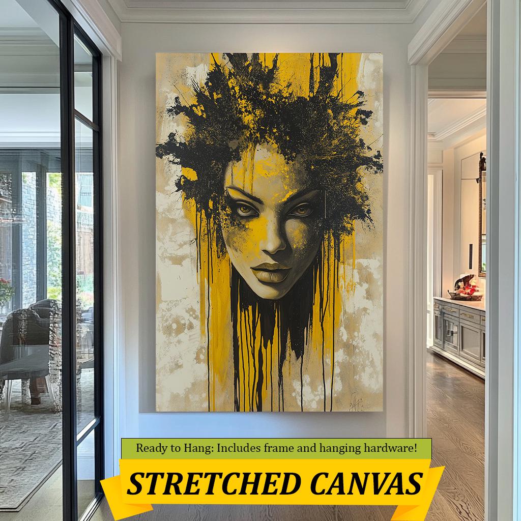 Abstract Woman Canvas Art, Bold Yellow and Black Portrait Painting, Modern Textured Artwork, Unique Wall Decor for Home or Office