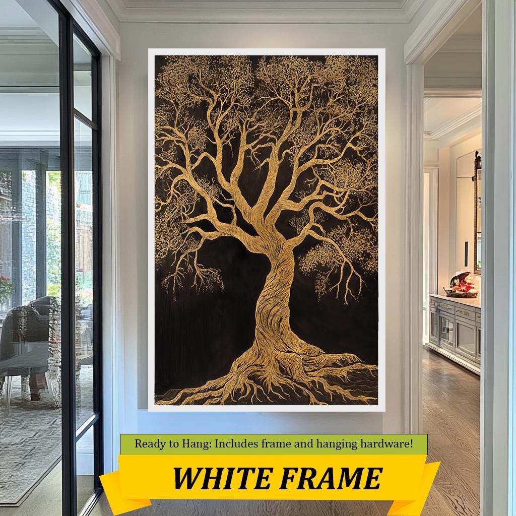 Golden Tree Canvas Art, Elegant Abstract Nature Painting, Luxurious Gold on Black Wall Decor, Modern Tree of Life Artwork