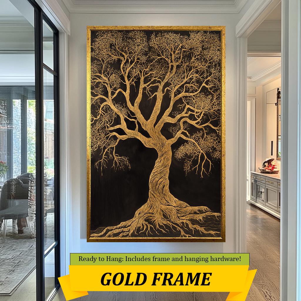 Golden Tree Canvas Art, Elegant Abstract Nature Painting, Luxurious Gold on Black Wall Decor, Modern Tree of Life Artwork