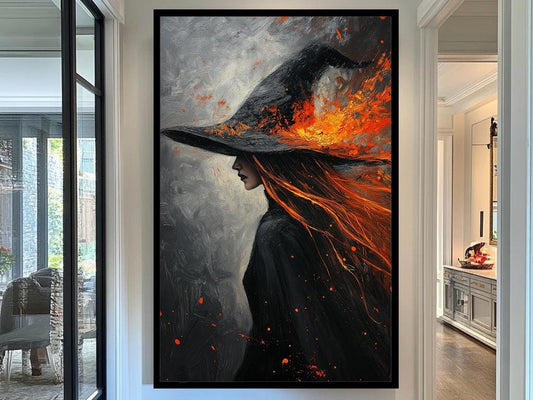 Witch Canvas Art, Enchanting Abstract Portrait Painting, Fiery Black Hat and Orange Flames Artwork, Mystical Wall Decor for Home