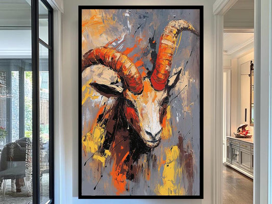 Wild Ram Canvas Art, Bold Abstract Animal Painting, Vibrant Horned Wildlife Wall Decor, Modern Rustic Artwork for Home