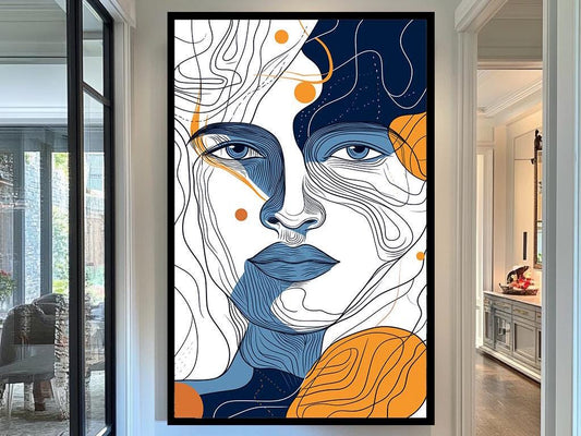 Blue and Orange Line Art Canvas, Abstract Female Face Artwork, Modern Minimalist Wall Decor for Contemporary Interiors