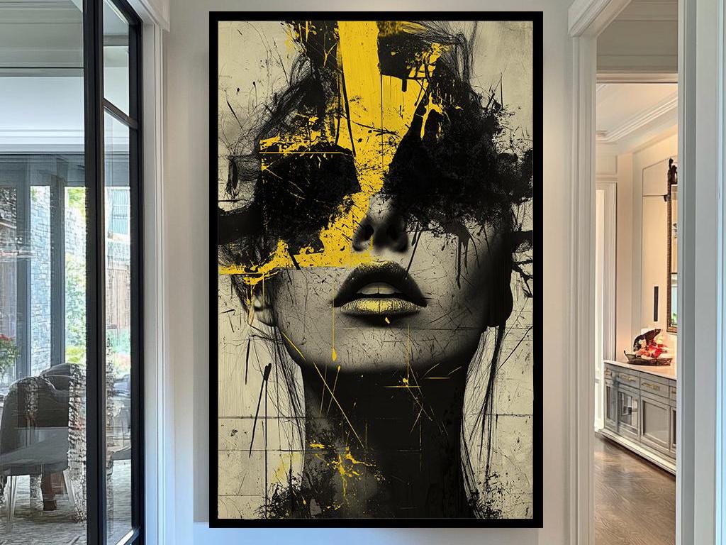 Abstract Yellow Portrait Canvas  Bold Modern Artwork Featuring Striking Yellow and Black Brushstrokes Over a Textured Female Face