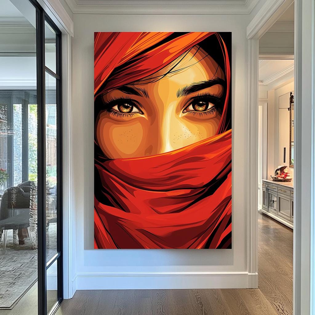 Fiery Eyes Wall Art  Bold Red and Orange Portrait Canvas, Striking Middle Eastern-Inspired Design for Modern Home Decor