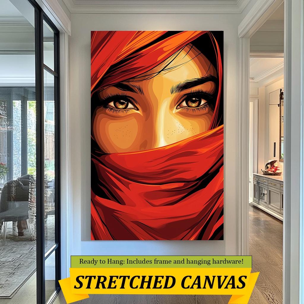 Fiery Eyes Wall Art  Bold Red and Orange Portrait Canvas, Striking Middle Eastern-Inspired Design for Modern Home Decor