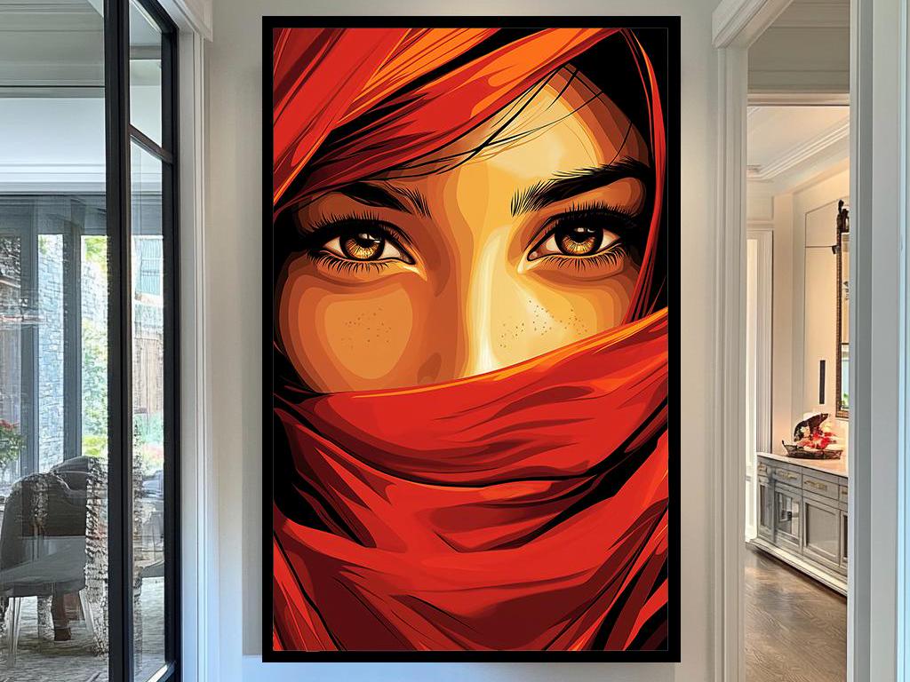 Fiery Eyes Wall Art  Bold Red and Orange Portrait Canvas, Striking Middle Eastern-Inspired Design for Modern Home Decor