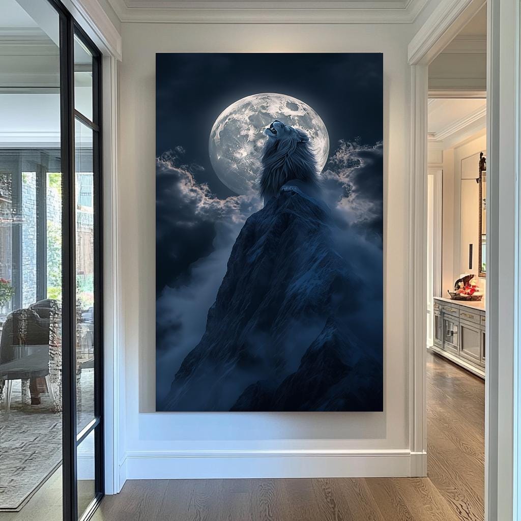 Howling Lion Moon Wall Art  Moon Mountain Wall Art - Mystical Nighttime Mountain Canvas for Nature ve Lion Lovers and Unique Home Decor