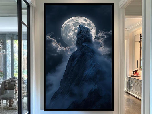 Howling Lion Moon Wall Art  Moon Mountain Wall Art - Mystical Nighttime Mountain Canvas for Nature ve Lion Lovers and Unique Home Decor