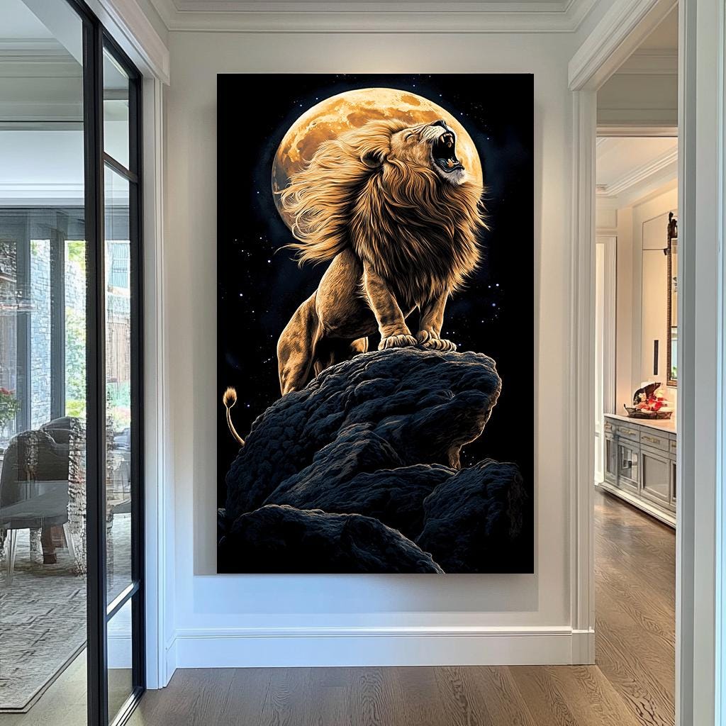 Lion Roaring at Moon Canvas  Lion Moon Canvas Art | Majestic Wildlife Wall Art for Bold and Dramatic Home Decor | Wildlife Print