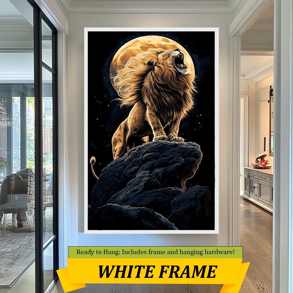 Lion Roaring at Moon Canvas  Lion Moon Canvas Art | Majestic Wildlife Wall Art for Bold and Dramatic Home Decor | Wildlife Print