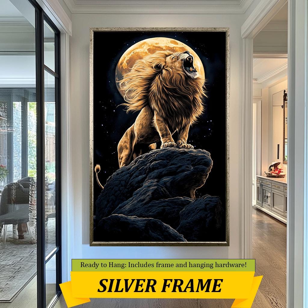 Lion Roaring at Moon Canvas  Lion Moon Canvas Art | Majestic Wildlife Wall Art for Bold and Dramatic Home Decor | Wildlife Print