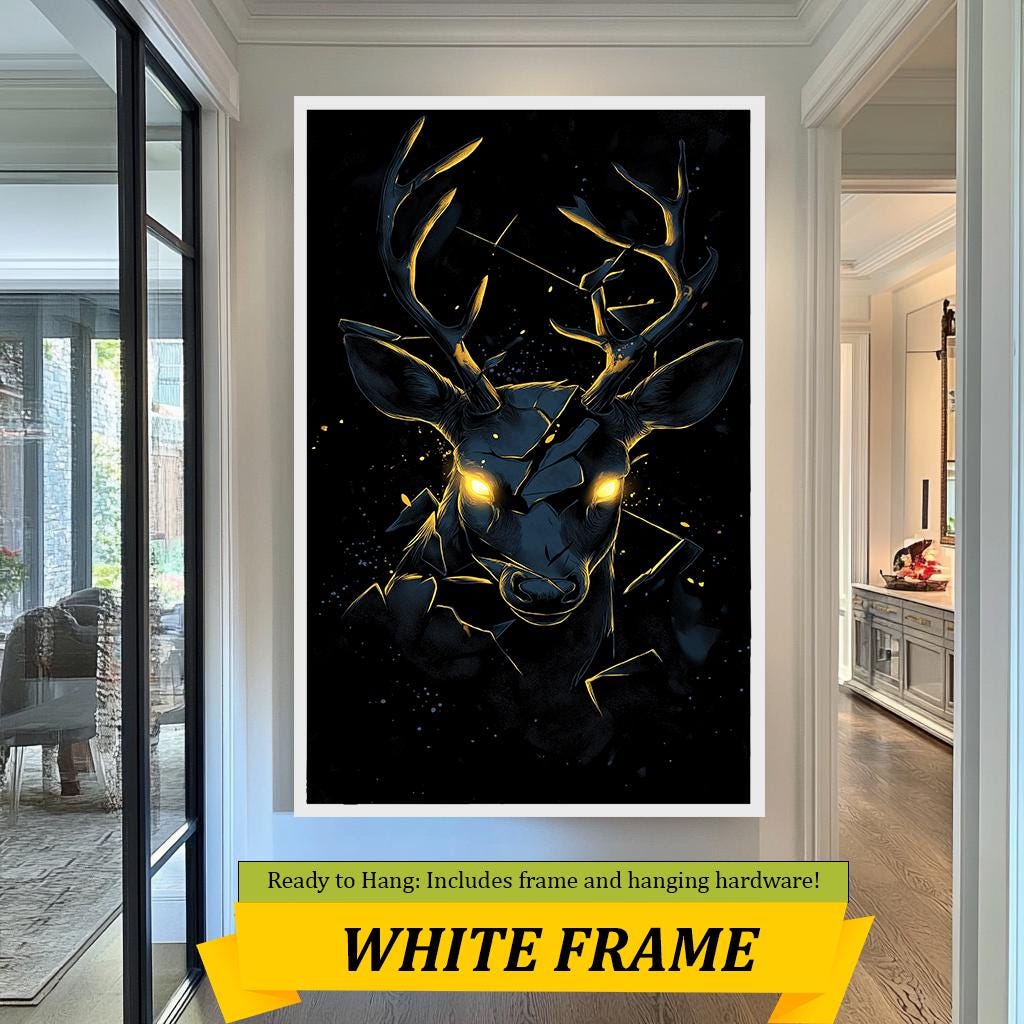 Golden-Eyed Deer Wall Art Print, Mystical Animal Canvas, Shattered Glow Design, Wildlife Home Decor, Black and Gold Poster