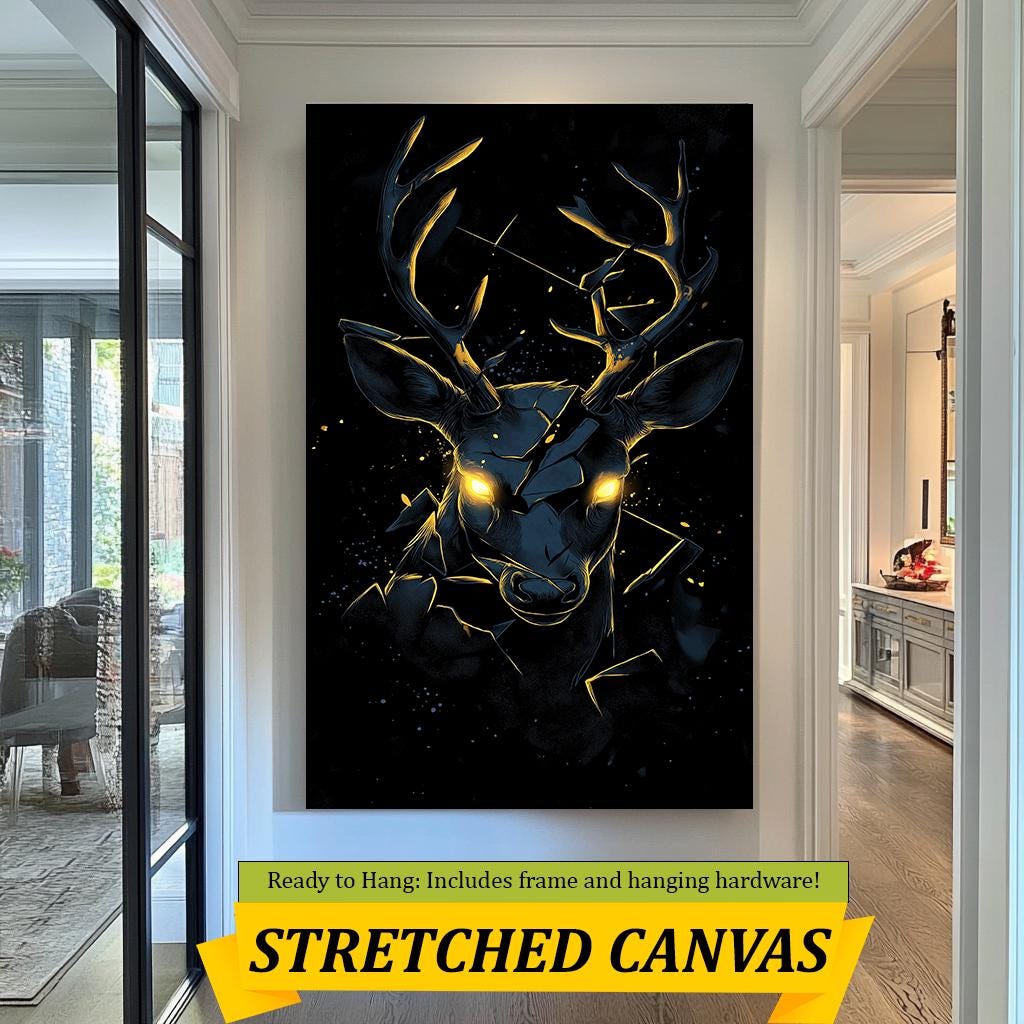 Golden-Eyed Deer Wall Art Print, Mystical Animal Canvas, Shattered Glow Design, Wildlife Home Decor, Black and Gold Poster