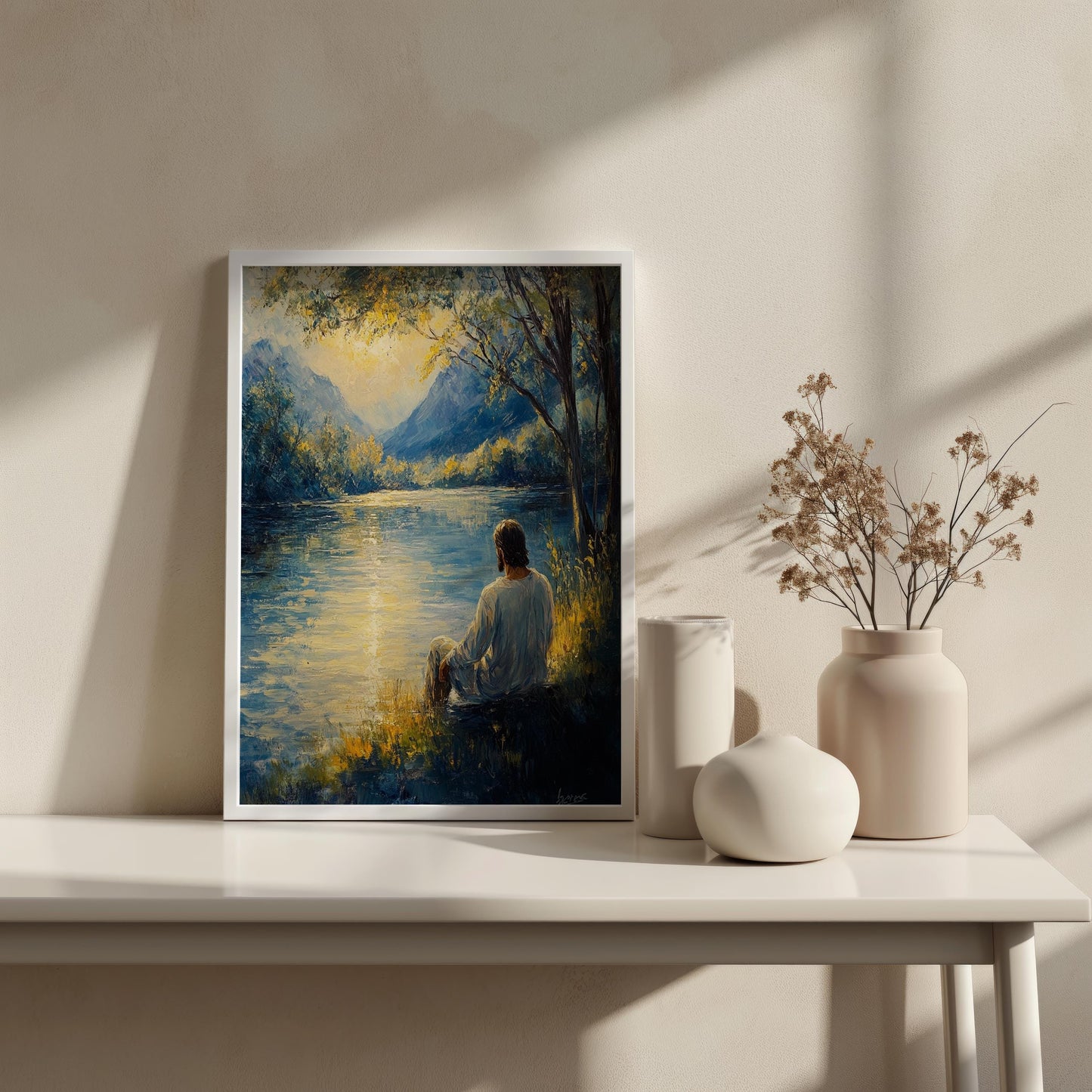 Jesus Wall Art | Religion Decor | Peaceful Lake Wall Art | Spiritual Meditation Canvas Print | Serene Nature Mountain Wall Decor | Jesus Art