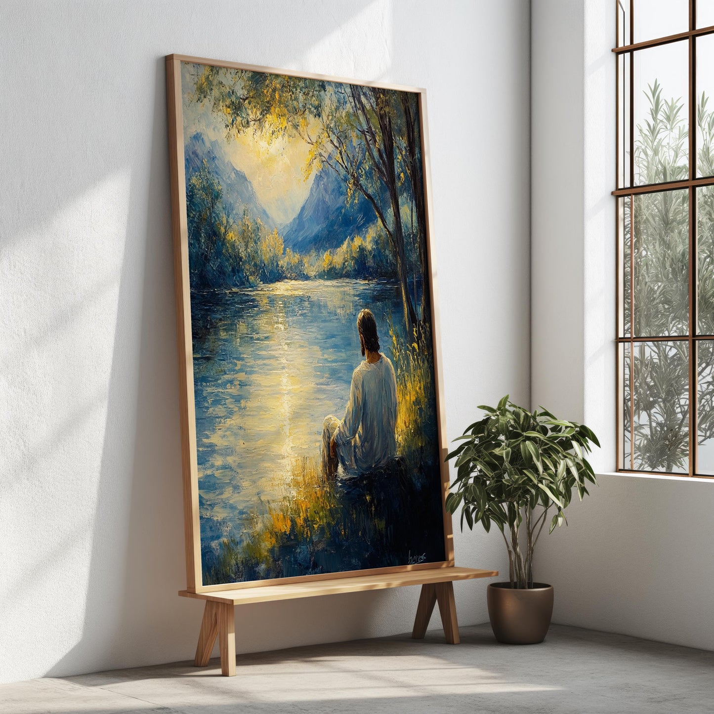 Jesus Wall Art | Religion Decor | Peaceful Lake Wall Art | Spiritual Meditation Canvas Print | Serene Nature Mountain Wall Decor | Jesus Art