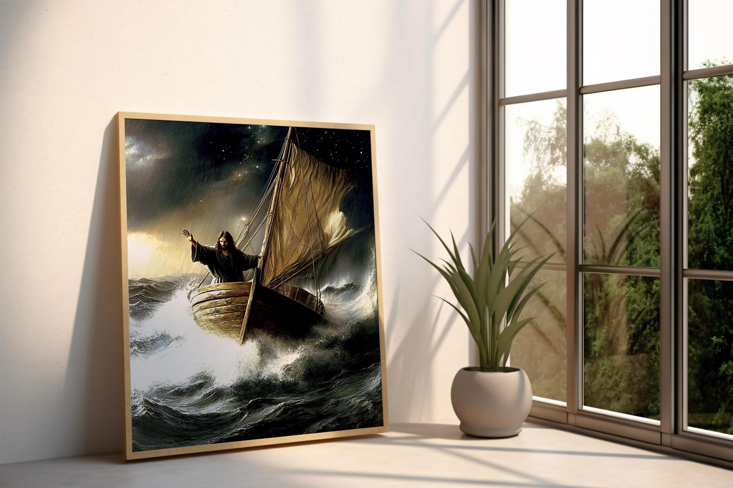 Jesus Wall Art | Jesus Canvas Painting | Jesus Print Design | Biblical Seascape Canvas Print | Dramatic Ocean Scene Wall Decor | Jesus Art