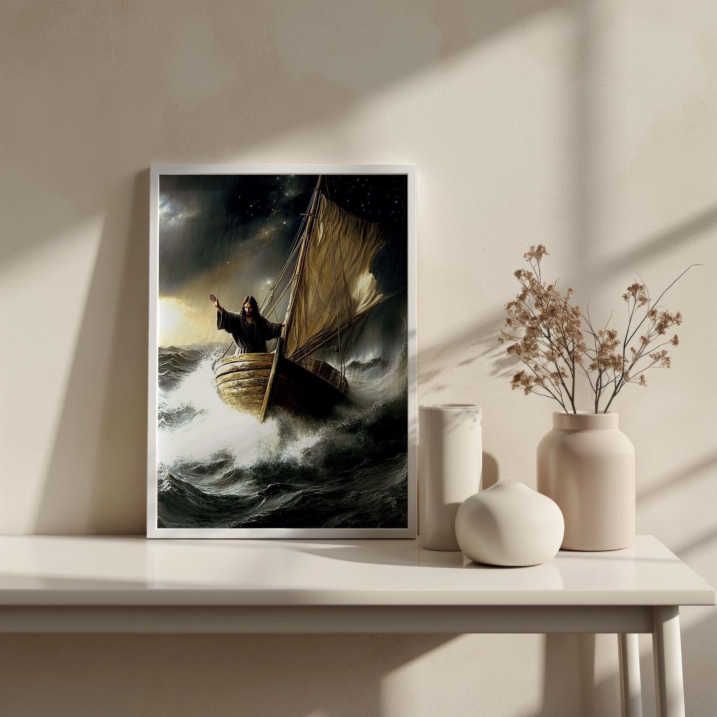 Jesus Wall Art | Jesus Canvas Painting | Jesus Print Design | Biblical Seascape Canvas Print | Dramatic Ocean Scene Wall Decor | Jesus Art