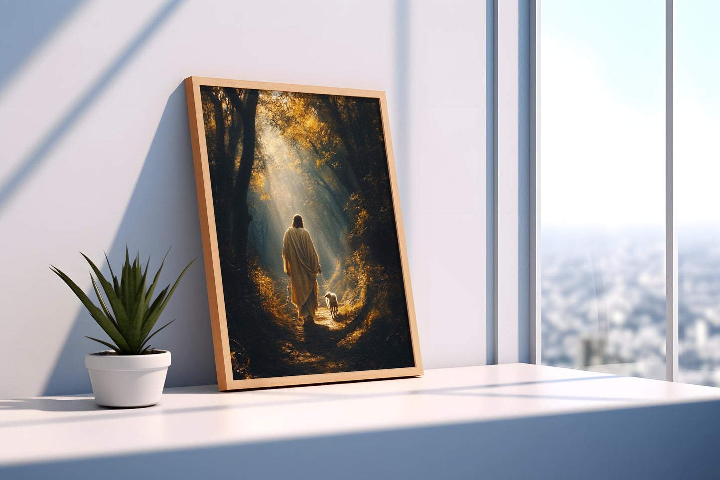 Jesus Canvas Wall Art | Jesus Canvas Painting | Jesus Wall Decor | Jesus Walking with Lamb Forest Trail Wall Decor | Christan Decor