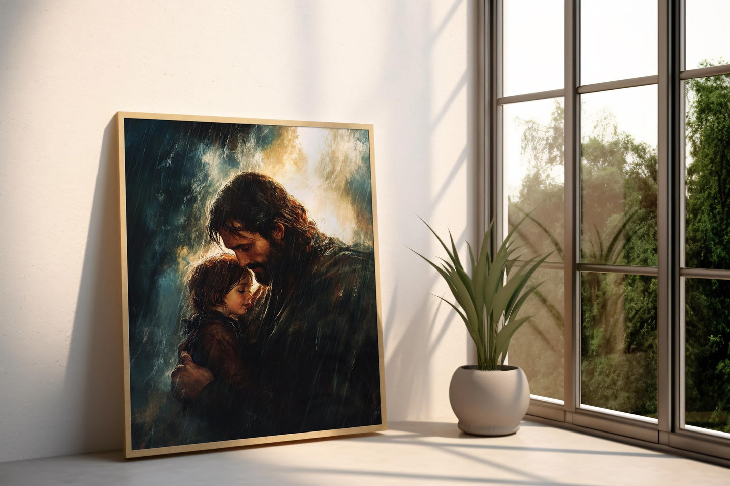 Jesus Canvas Art Print | Divine Protection Wall Art | Spiritual Father and Child Canvas Painting | Christian Faith Rain Scene Wall Decor