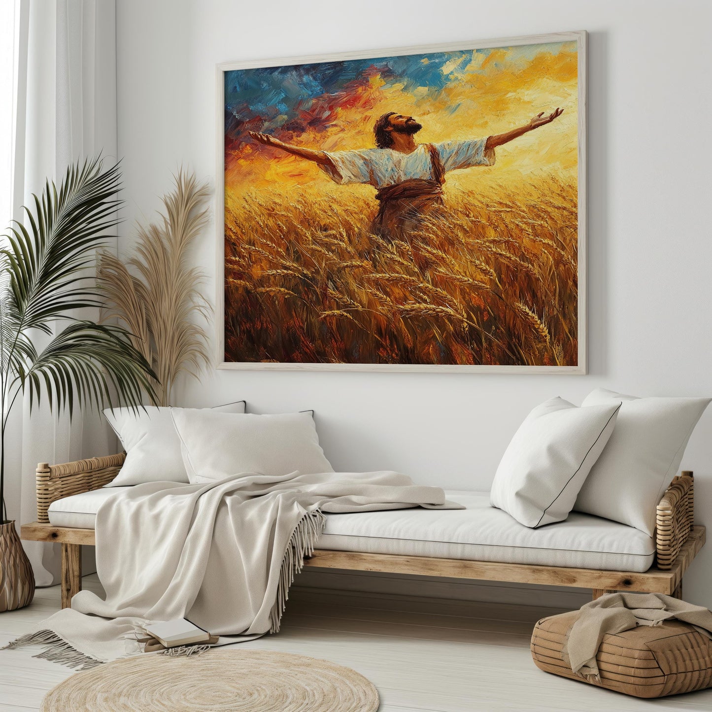 Jesus Canvas Art Print | Jesus Wall Art | Divine Praise Wall Art | Wheat Field Worship Canvas Painting | Christian Harvest Scene Wall Decor