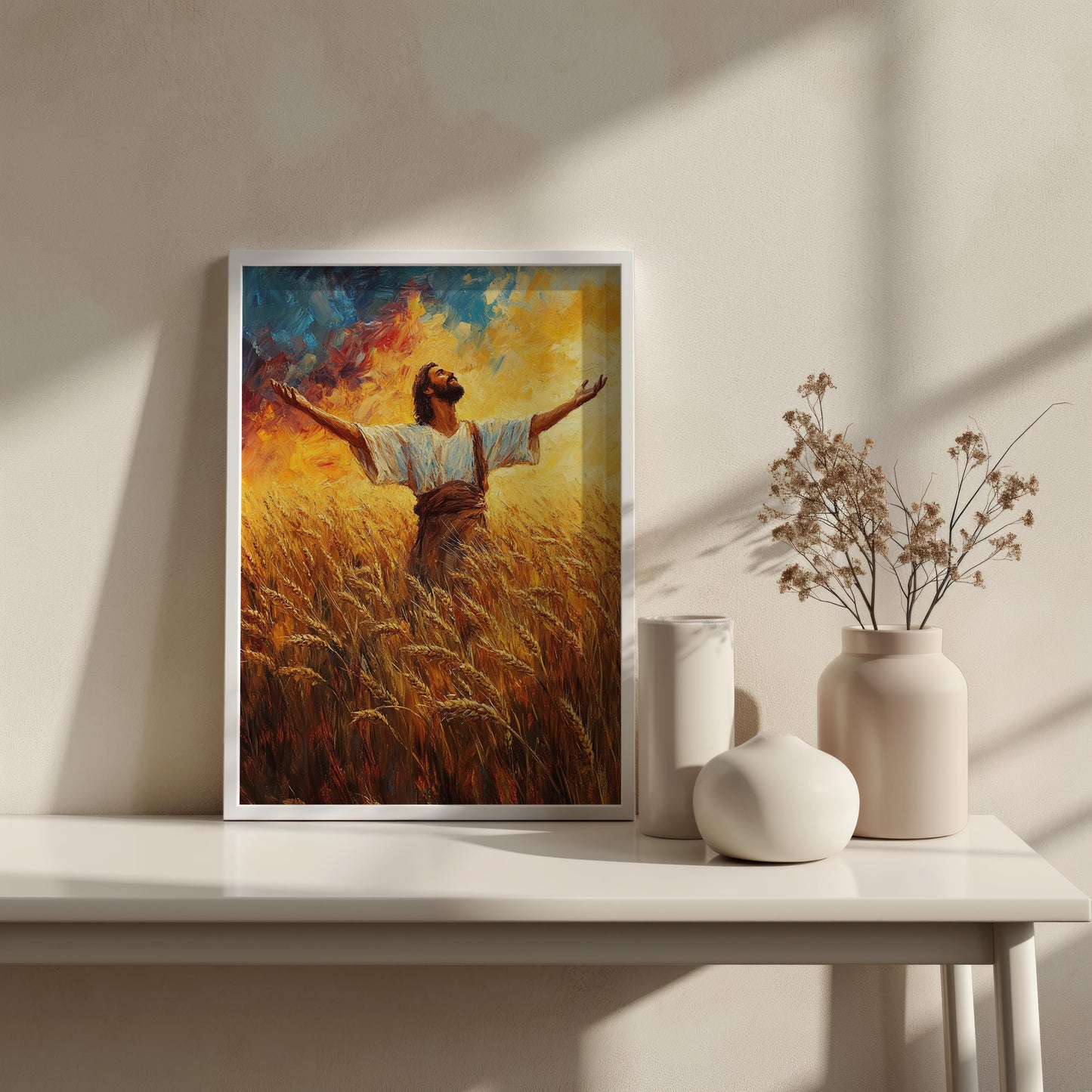 Jesus Canvas Art Print | Jesus Wall Art | Divine Praise Wall Art | Wheat Field Worship Canvas Painting | Christian Harvest Scene Wall Decor