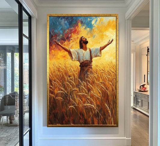 Jesus Canvas Art Print | Jesus Wall Art | Divine Praise Wall Art | Wheat Field Worship Canvas Painting | Christian Harvest Scene Wall Decor