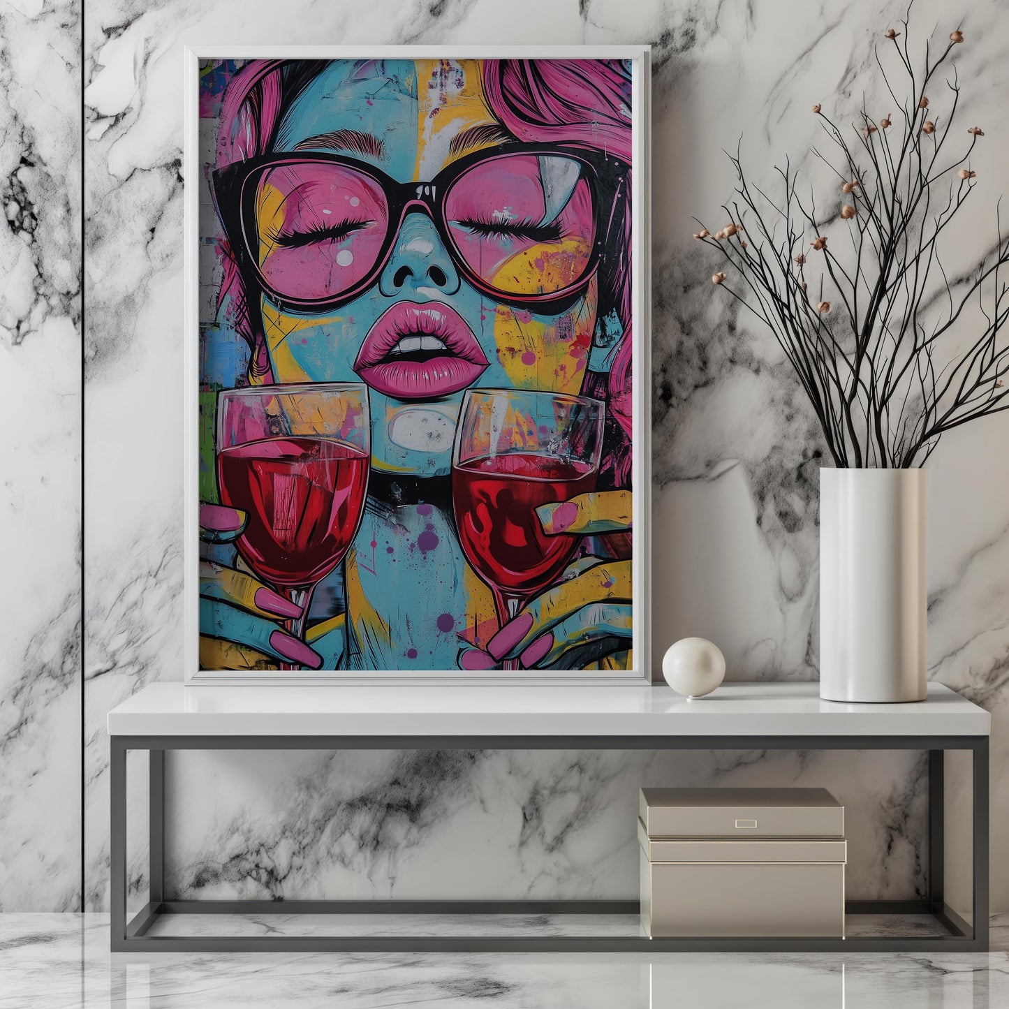 Pop Art Woman with Wine Glasses Canvas Print - Bold and Colorful Wall Art, Modern Whimsical Decor