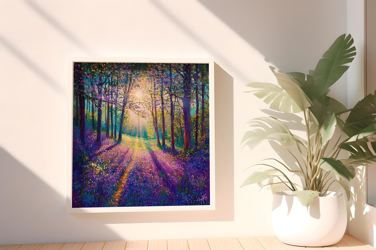 Purple Flower Forest Path Canvas Print - Sunlit Pathway Wall Art, Tranquil Woodland Scene, Nature Lovers Decor