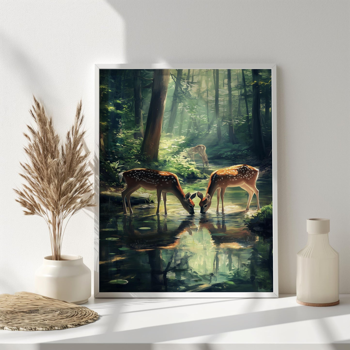 Serene Forest Scene with Graceful Deer by the Stream | Wildlife Nature Artwork for Tranquil Spaces