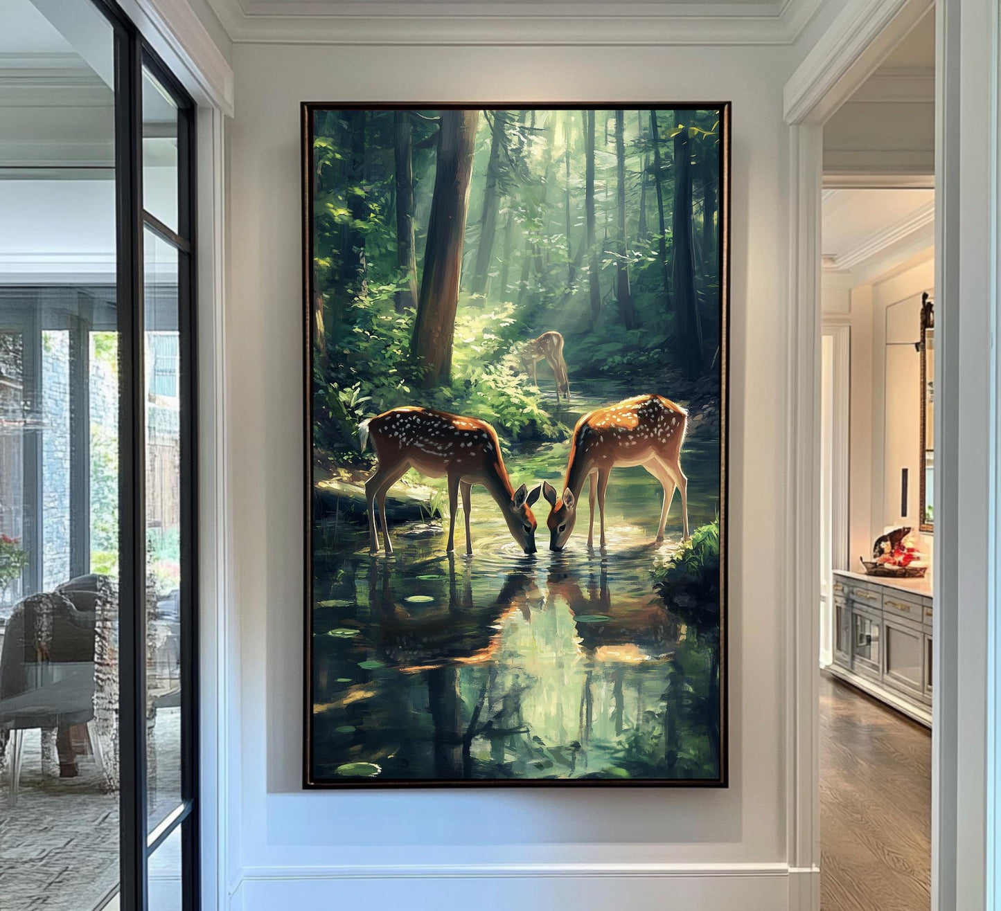 Serene Forest Scene with Graceful Deer by the Stream | Wildlife Nature Artwork for Tranquil Spaces