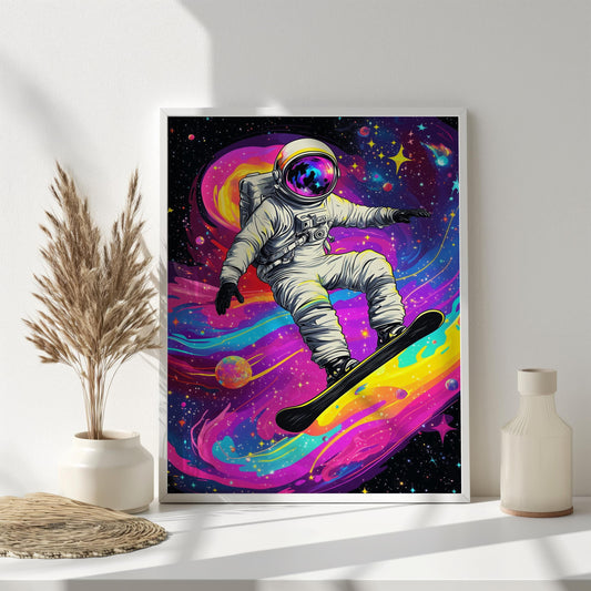 Astronaut Snowboarding in Space | Vibrant Sci-Fi Wall Art | Cosmic Adventure Poster for Space and Adventure Lovers | Neon Space Decor