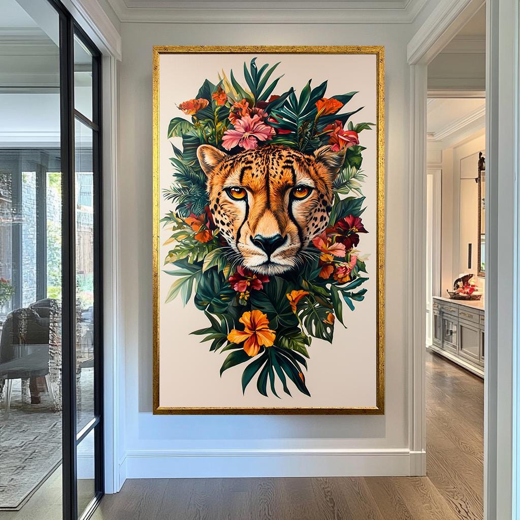 Vibrant Cheetah and Tropical Flowers Canvas Art - Exotic Wildlife and Floral Wall Decor, Bold Jungle-Themed Artwork for Home or Office