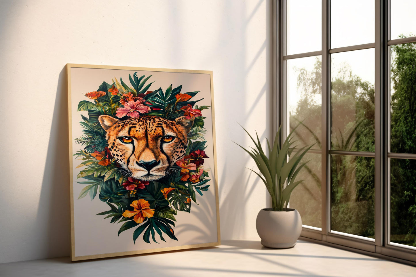 Vibrant Cheetah and Tropical Flowers Canvas Art - Exotic Wildlife and Floral Wall Decor, Bold Jungle-Themed Artwork for Home or Office