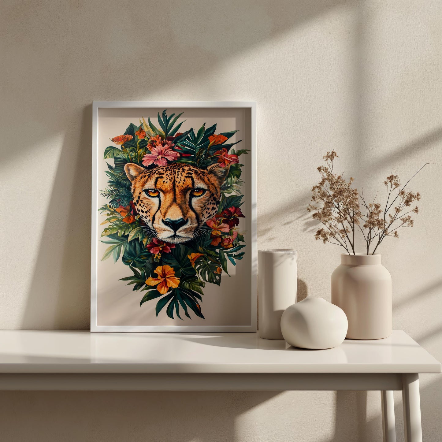 Vibrant Cheetah and Tropical Flowers Canvas Art - Exotic Wildlife and Floral Wall Decor, Bold Jungle-Themed Artwork for Home or Office