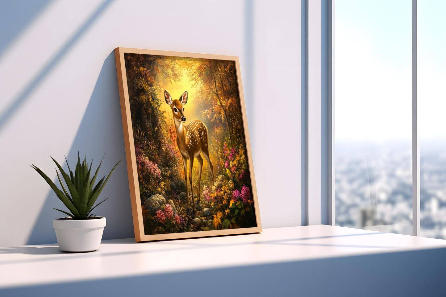 Enchanting Fawn in Autumn Forest Canvas Art - Whimsical Wildlife Wall Decor, Warm Golden Light Woodland Scene for Nature-Inspired Spaces