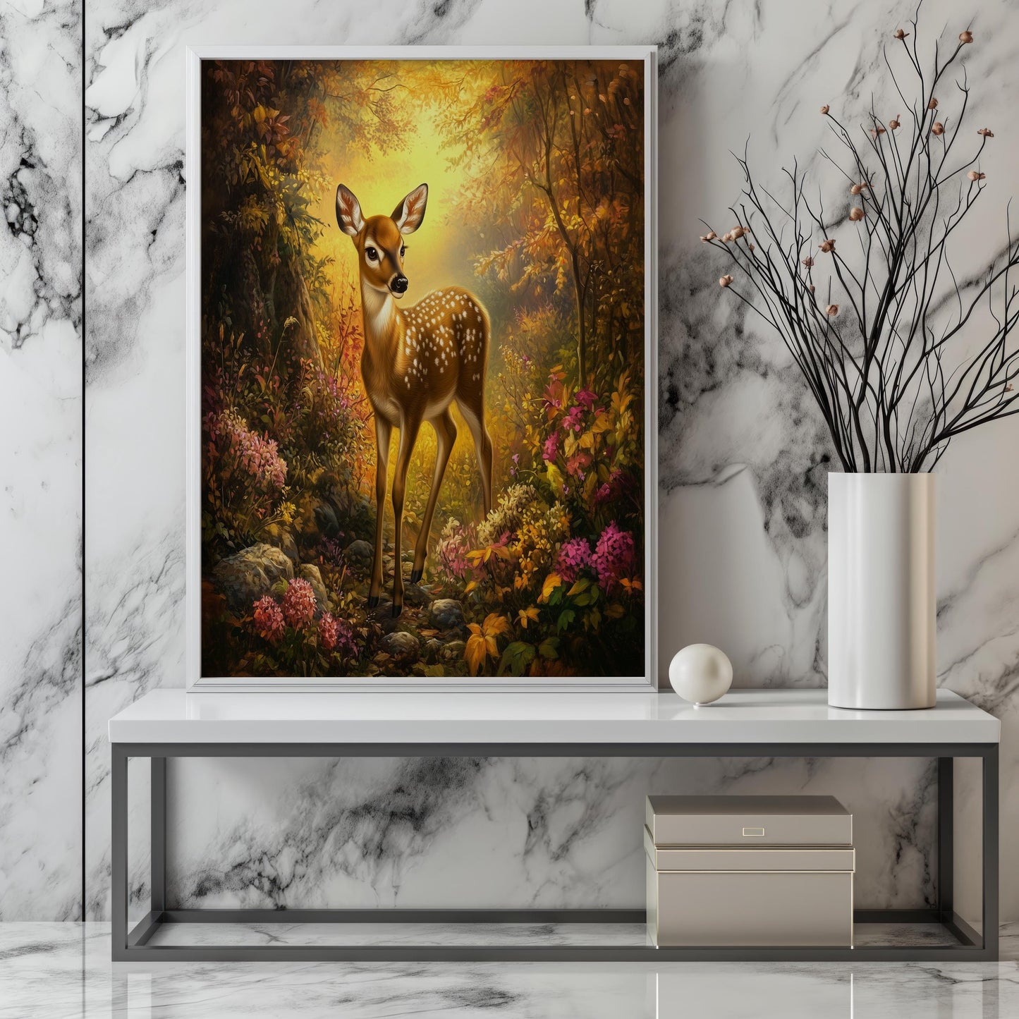 Enchanting Fawn in Autumn Forest Canvas Art - Whimsical Wildlife Wall Decor, Warm Golden Light Woodland Scene for Nature-Inspired Spaces