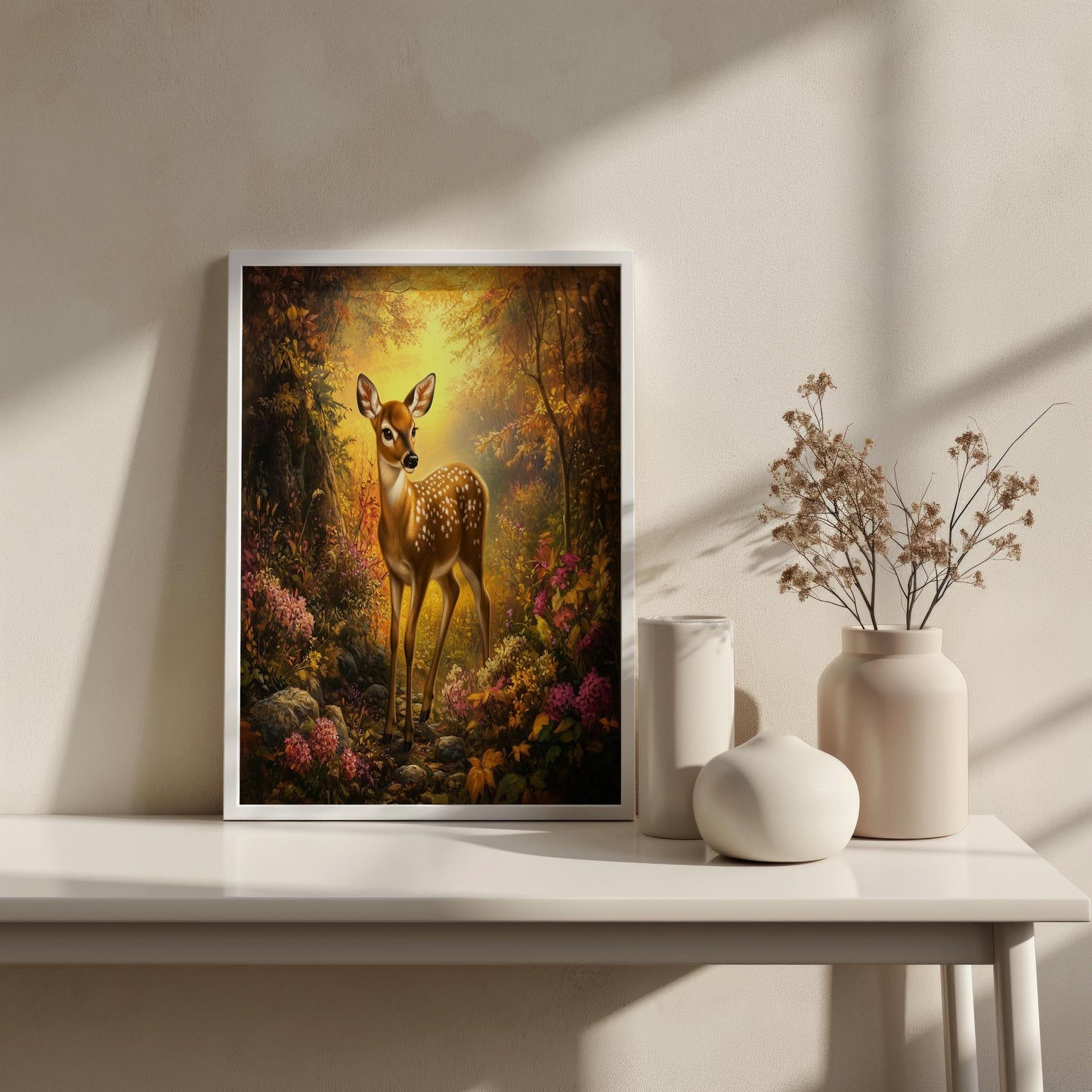 Enchanting Fawn in Autumn Forest Canvas Art - Whimsical Wildlife Wall Decor, Warm Golden Light Woodland Scene for Nature-Inspired Spaces