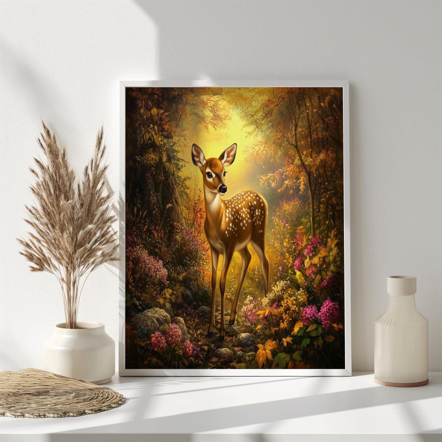 Enchanting Fawn in Autumn Forest Canvas Art - Whimsical Wildlife Wall Decor, Warm Golden Light Woodland Scene for Nature-Inspired Spaces