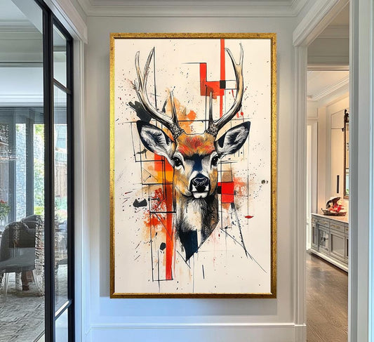 Abstract Deer Head Canvas Art - Modern Geometric Wildlife Wall Decor, Bold and Colorful Animal Portrait for Living Room or Office