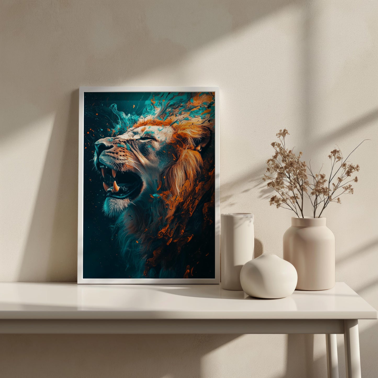 Fierce Roaring Lion Canvas Art - Bold Abstract Wildlife Wall Decor, Dynamic and Powerful Animal Portrait for Modern Spaces