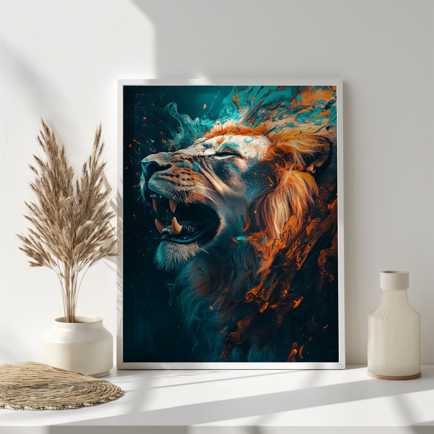 Fierce Roaring Lion Canvas Art - Bold Abstract Wildlife Wall Decor, Dynamic and Powerful Animal Portrait for Modern Spaces