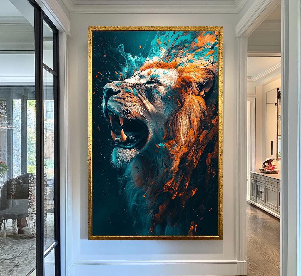 Fierce Roaring Lion Canvas Art - Bold Abstract Wildlife Wall Decor, Dynamic and Powerful Animal Portrait for Modern Spaces