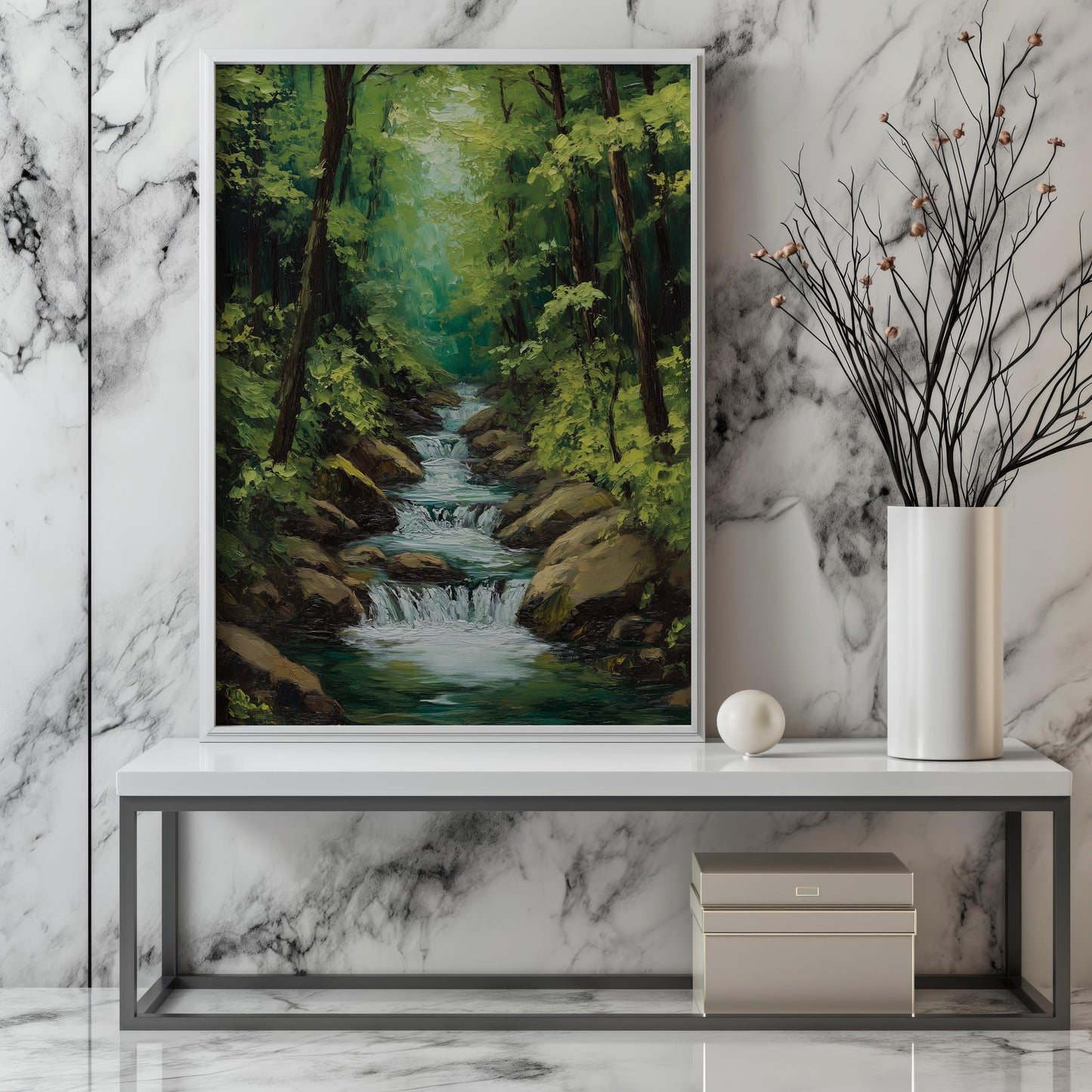 Tranquil Forest Stream Canvas Art - Serene Nature Landscape Wall Decor, Peaceful Green Woodland for Living Room or Office