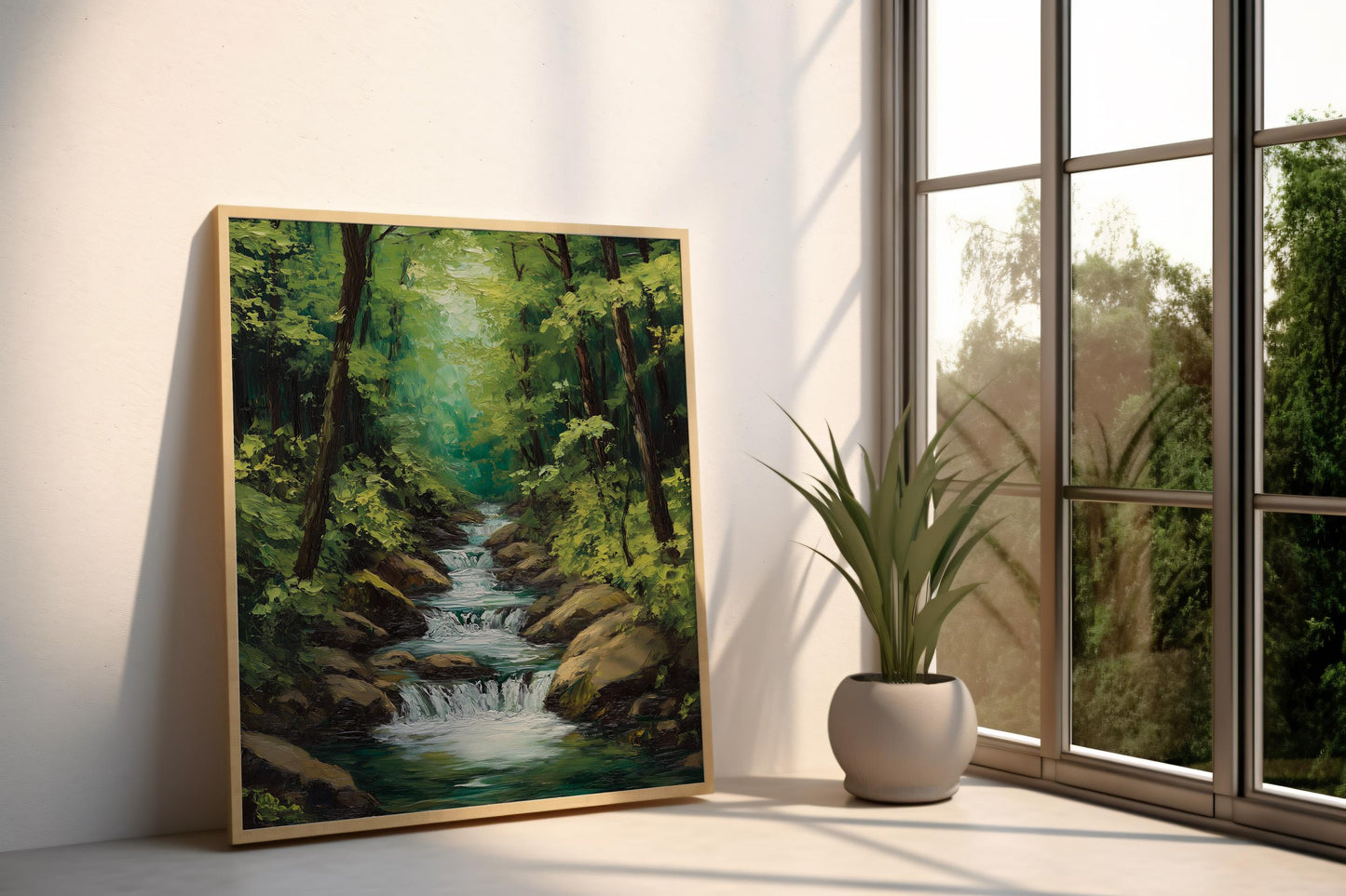 Tranquil Forest Stream Canvas Art - Serene Nature Landscape Wall Decor, Peaceful Green Woodland for Living Room or Office