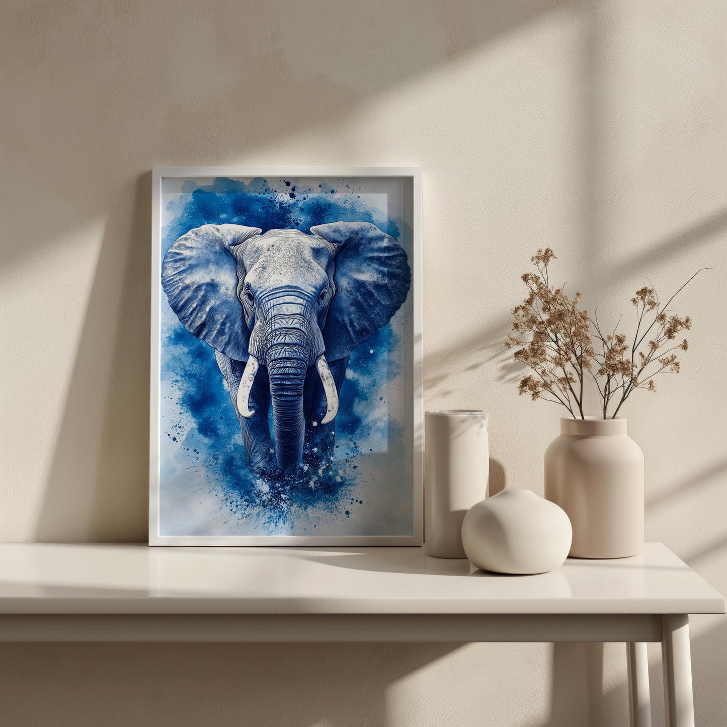 Blue Elephant Abstract Canvas, Modern Wildlife Wall Art, Bold Deco