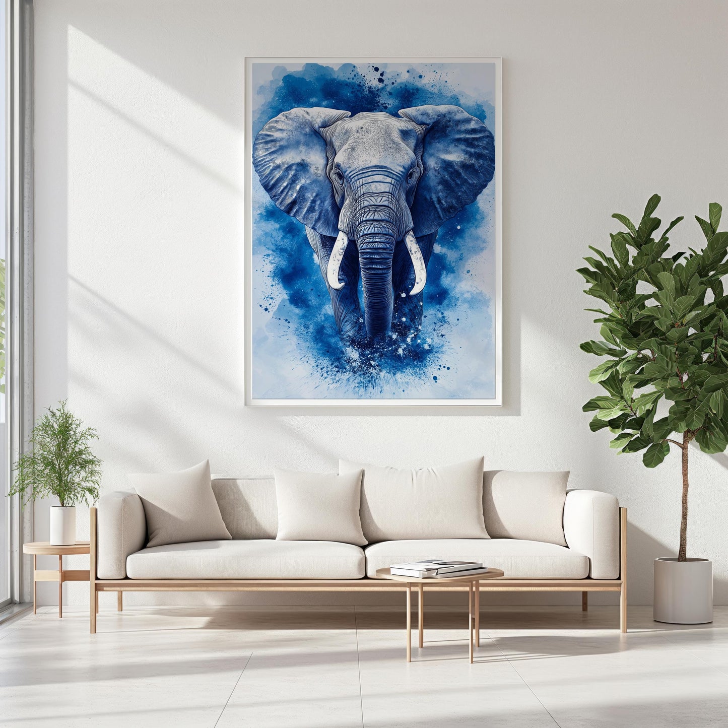 Blue Elephant Abstract Canvas, Modern Wildlife Wall Art, Bold Deco