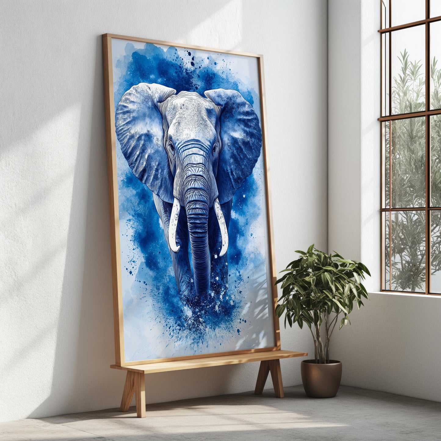 Blue Elephant Abstract Canvas, Modern Wildlife Wall Art, Bold Deco