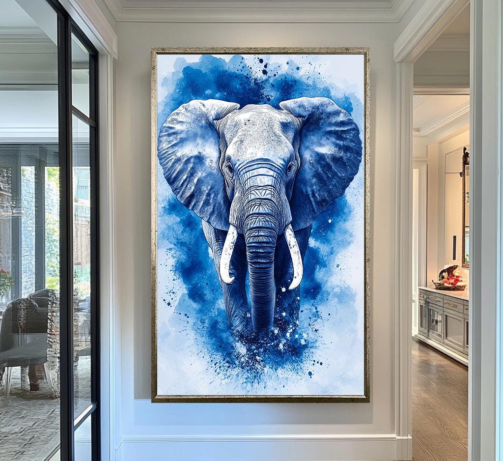 Blue Elephant Abstract Canvas, Modern Wildlife Wall Art, Bold Deco